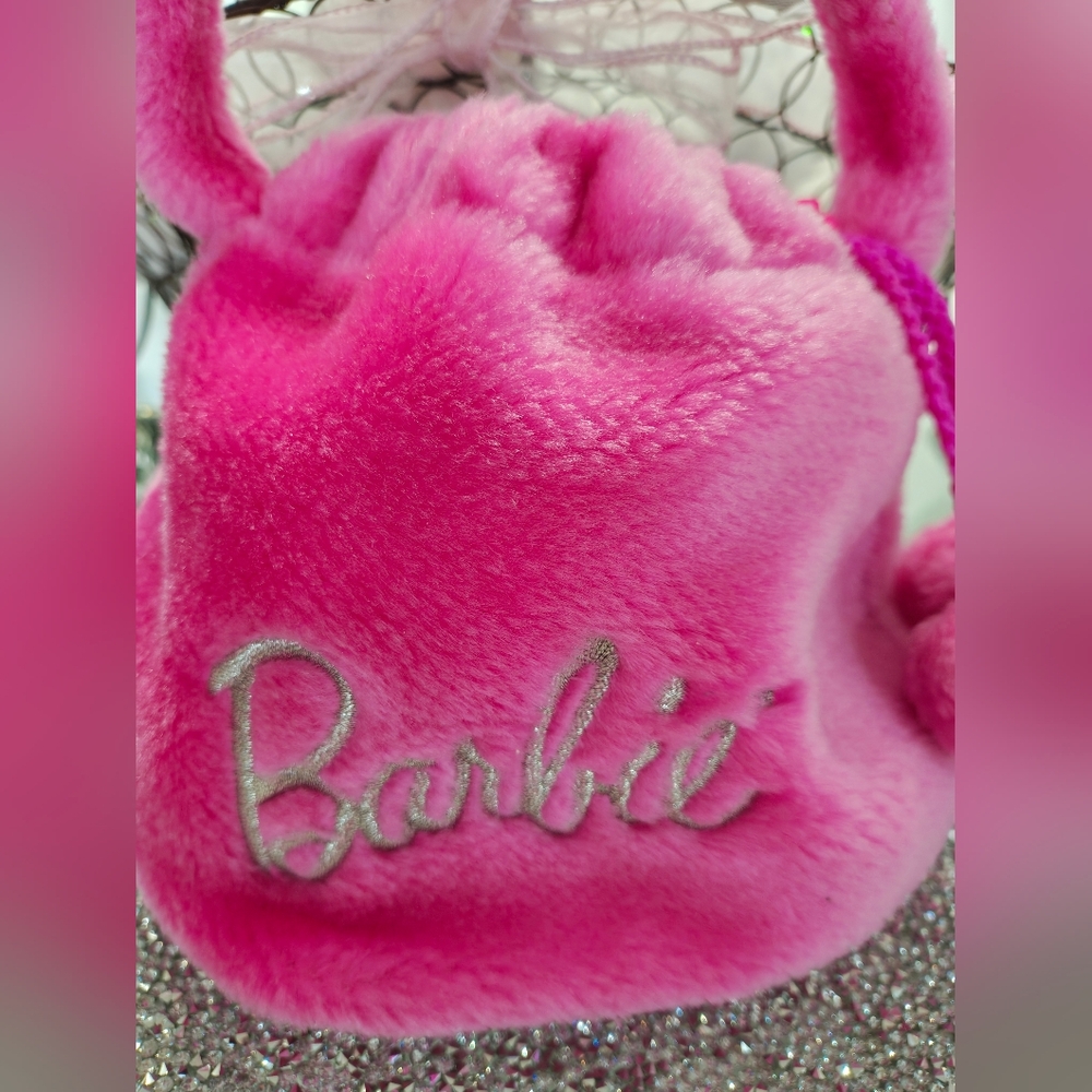 Vintage 1996 Pink Faux Fur Matell Barbie Drawstring Bag Purse Pom Poms - Picture 2 of 6